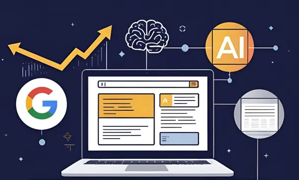 Illustration zur Website-Optimierung: KI-generiertes Bild zeigt einen Laptop mit offenem Website-Layout. Umgeben von Symbolen wie dem Google-Logo, einem stilisierten Gehirn, einem KI-Symbol und einem Aufwärtspfeil – als Sinnbild für Suchmaschinenoptimierung und intelligentes Webdesign.