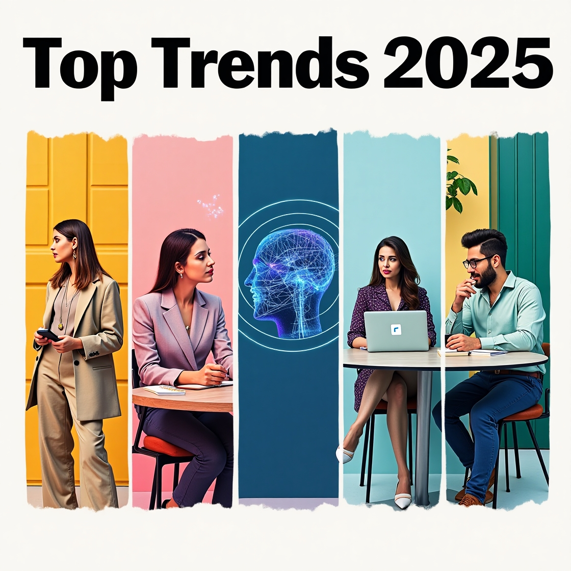 Illustration zu Kommunikationstrends 2025: KI-generiertes Bild mit vier stilisierten, digital erstellten Personen in moderner Kleidung vor bunten Wänden. In der Mitte eine digitale Darstellung eines menschlichen Gehirns. Oben im Bild steht der Schriftzug ‚Top Trends 2025