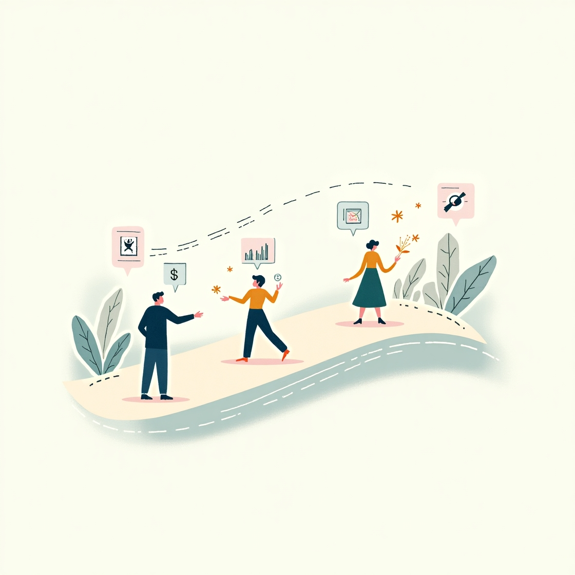Drei Personen auf einem Weg mit Sprechblasen, die Symbole für Geld, Diagramme und Kommunikation zeigen, symbolisieren eine Kundenreise.